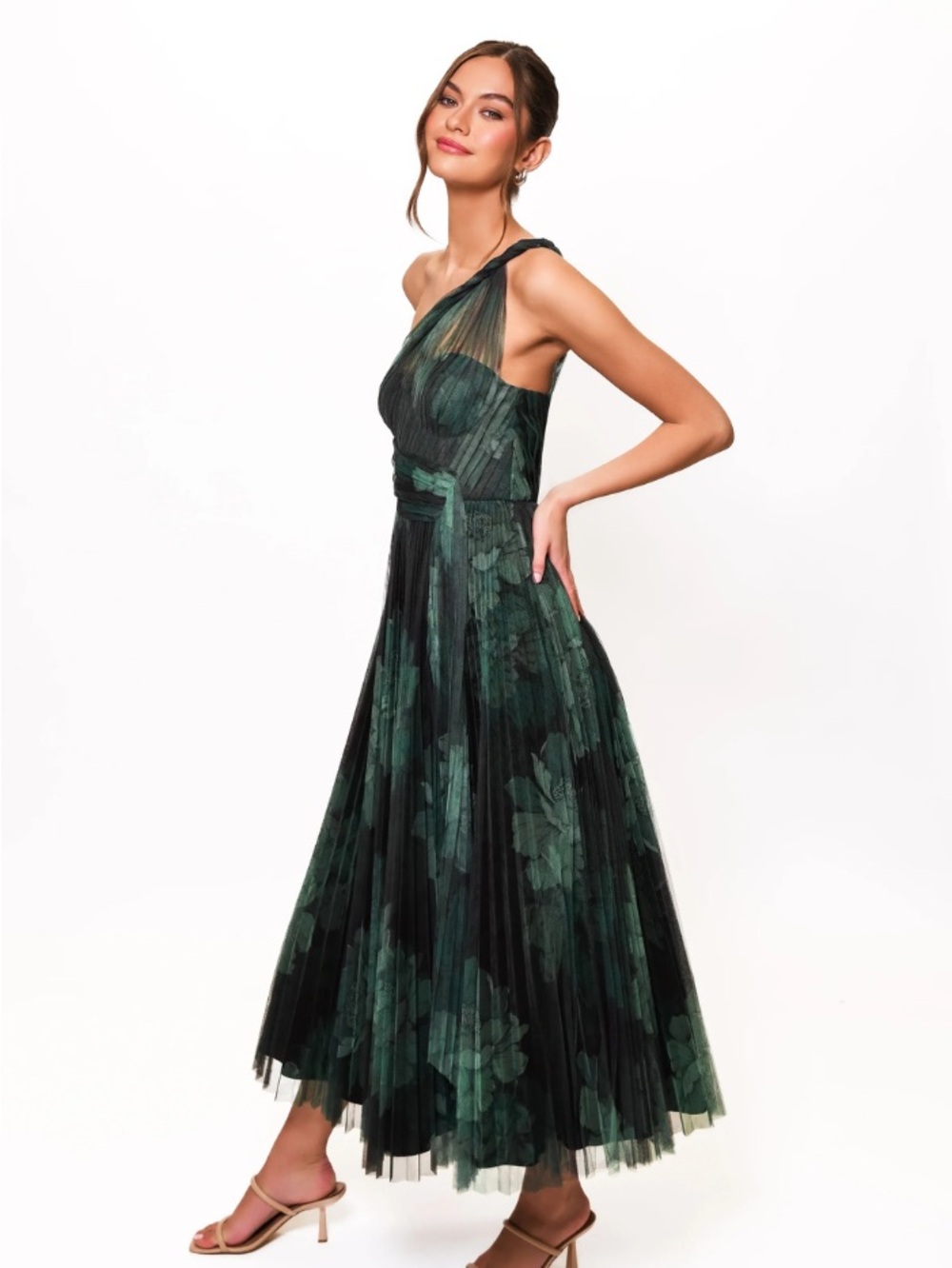 Hutch Phillipa One-Shoulder Dark Green Floral Maxi Dress